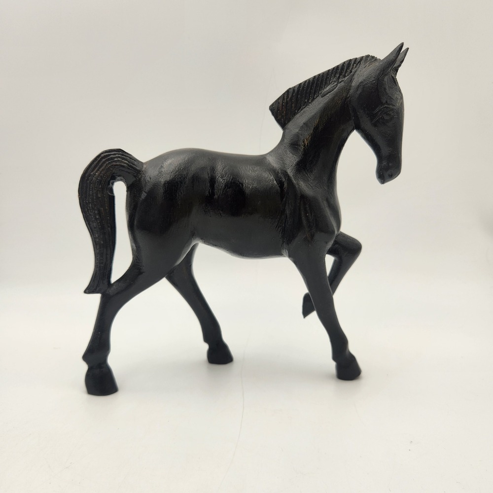 Hand Carved Black Wooden Horse Figurine Prancing Equestrian Folk Art Statue 8In